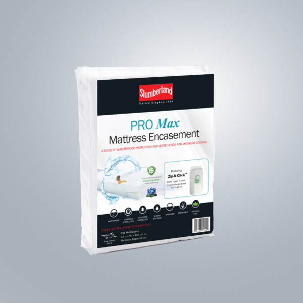 Maximum Protection With 4 Sides Of Waterproofing & Air Venting Ends To Provide A Cooler Night's Sleep.；Protect the Sleep Surface Against Allergens & Spills；slumberland；斯林百蘭； PRO Max拉鏈式床褥保護套；床上用品；MicronOne®專利面料；阻隔致敏原、床蝨；美國疾控中心最高防護等級4級；床墊；保護床褥；床褥套；Zip-N-Click™防蟲拉鏈鎖扣；防床蝨；防水